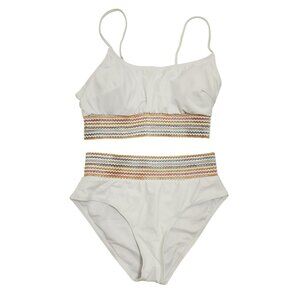 White Two-Piece Bikini Set Swimsuit  Multicolor Zigzag Waistband Size M Womens
